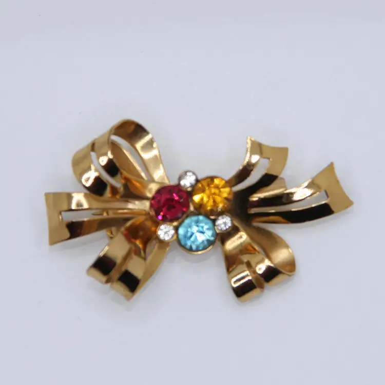 Vintage Coro Gold Tone Bow Rhinestone Brooch Pin Signed