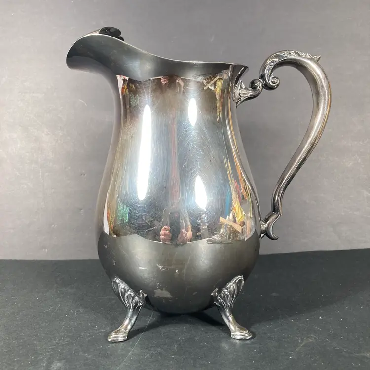 Vintage Silverplate Water Pitcher by Crescent Silver Co. Ice Guard, Animal Hoof Feet, 9 inches tall.