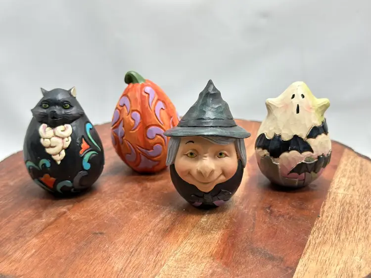 Jim Shore Halloween Eggs Heartwood Set of 4 Pumpkin, Ghost, Witch And Black Cat