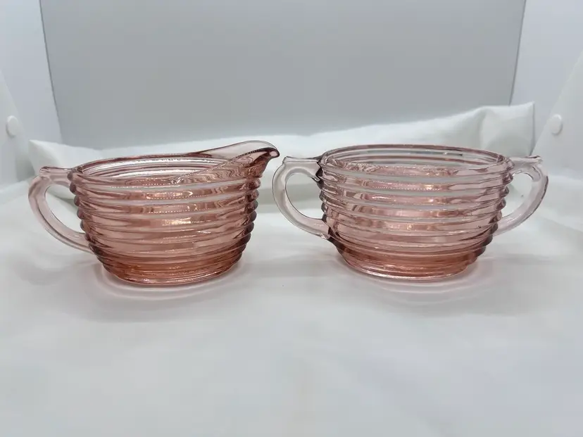 #2084B Vintage Manhattan Horizontal Ribbed Pink Depression Glass Cream and Sugar Set