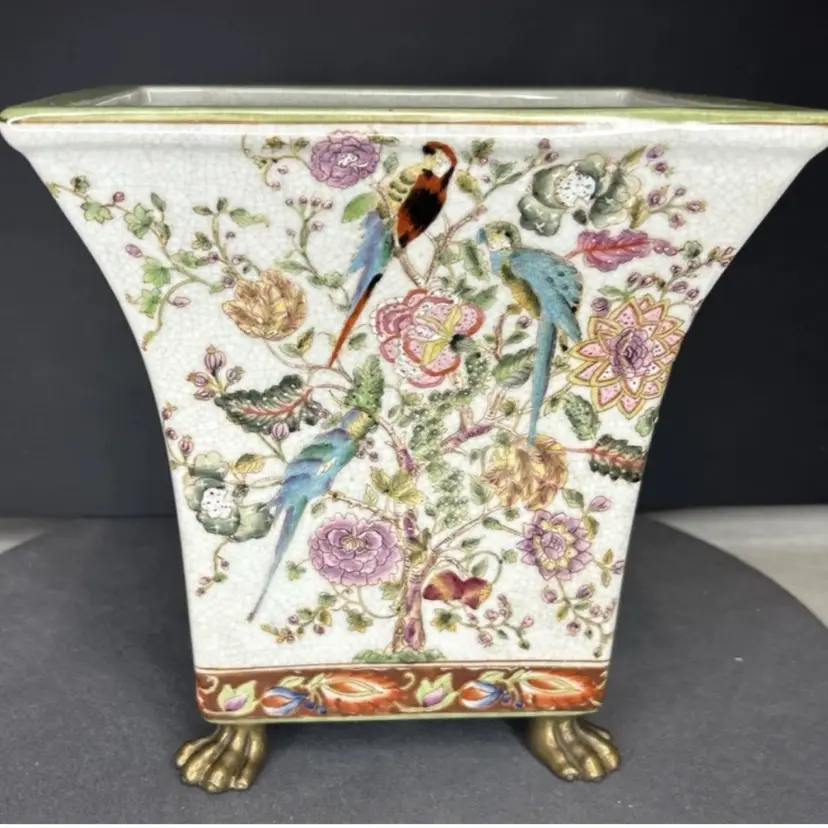 Vintage Cachepot Brass Footed Chinese Hua Rong Tang Zhi Planter 9"
