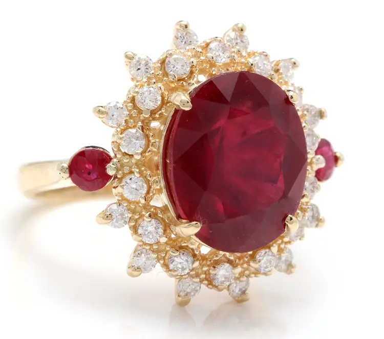 6.70 Carats Red Ruby and Diamond 14K Solid Yellow Gold Ring