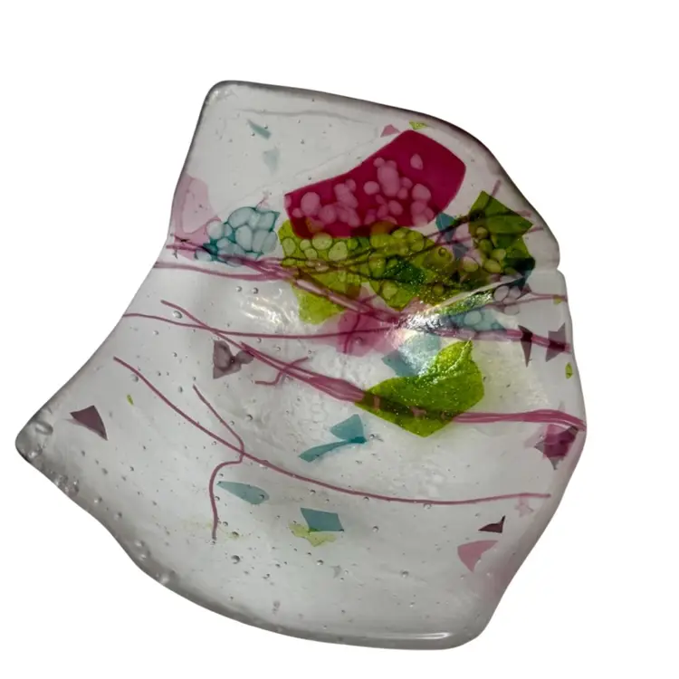 Confetti Art Glass Trinket Dish Multi Color Confetti Pink Streamers Signed 5.25” x 5” x 2.5” T