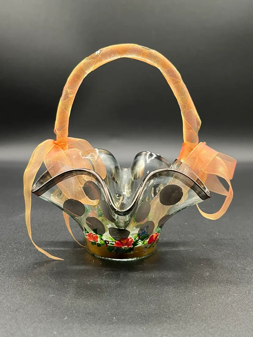 Hand Painted Blown Glass Mackenzie Childs Basket With Ribbon 6”🎀