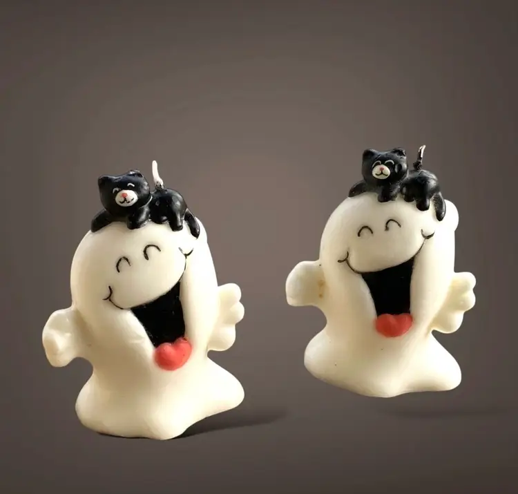 Vintage Halloween Candles Happy Ghosts with Black Cats NOT Burned