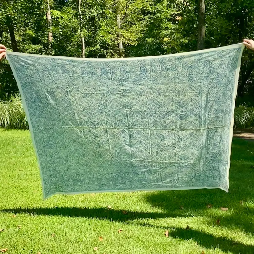 Vintage Handmade India Wood Block Design Blue Paisley Tablecloth 80” x 72”