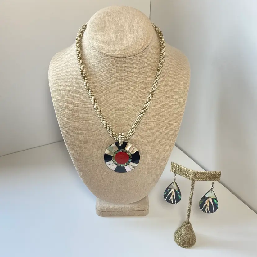 White Coral Bead Multistrand Torsade Mother of Pearl Abalone Necklace & Earrings