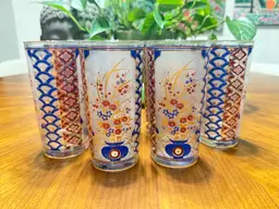 Vintage Culver 22K Gold Highball Glasses – Set of 8 – Cobalt Blue & Rust Imari Pattern – Mid-Century Asian Vase Barware – Signed Culver Ltd. – 1960s Cocktail Tumblers