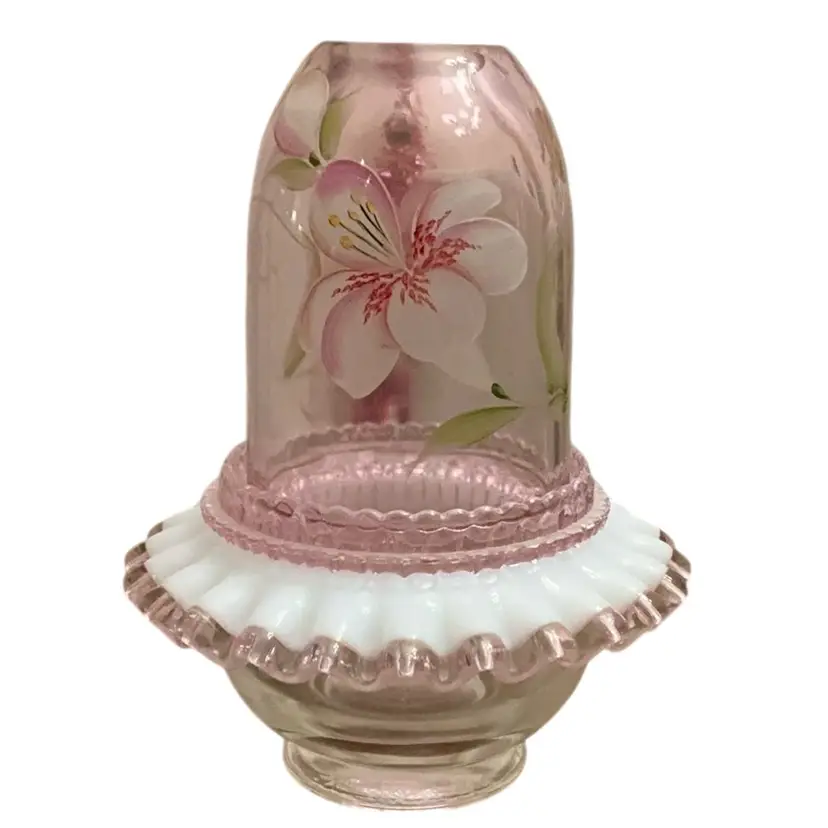 Fenton 3-piece Rose And French Opal With Rose Crest Base HP By Michelle Kibbe 7 1/2” X 5 1/2” Base Glows Pink