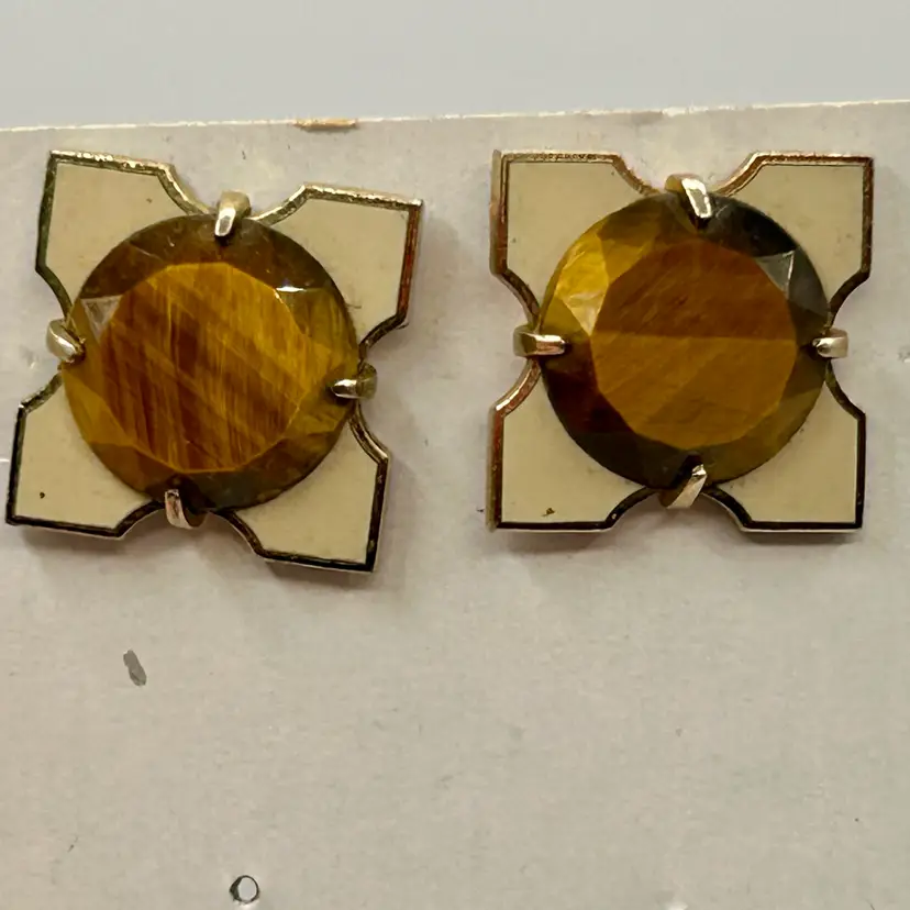 Anson Vintage Cufflinks Tie Tack Pin Tiger’s Eye Cream Enamel And Gold Tone