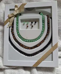 New in Box set of 3 Necklaces and Matching Post Pierced Earring, Jade, Tiger Eye and Onyx