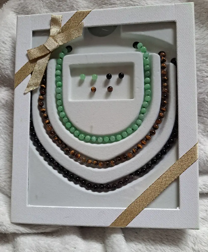 New in Box set of 3 Necklaces and Matching Post Pierced Earring, Jade, Tiger Eye and Onyx