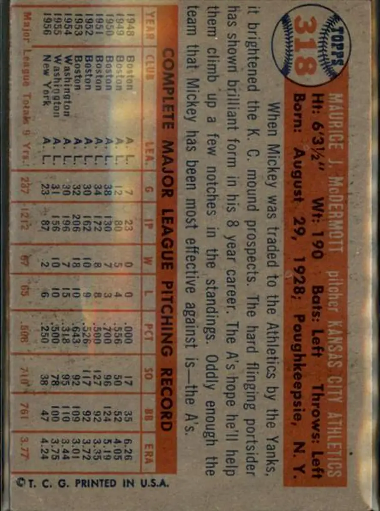 1957 Topps #318 Mickey McDermott - ( pk1 ) - Kansas City Athletics