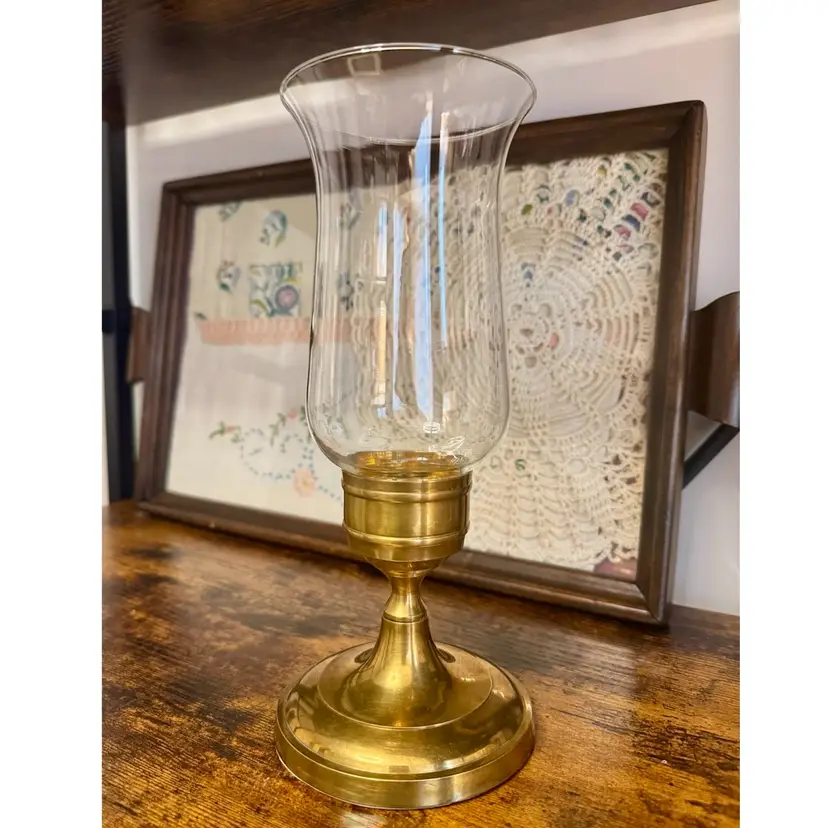 9.5” vintage brass & glass hurricane candle holder
