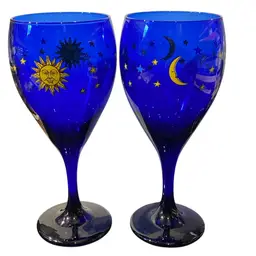 Set Of 2 Vintage Libbey Celestial Sun Moon Stars Wine Cobalt Blue Glasses