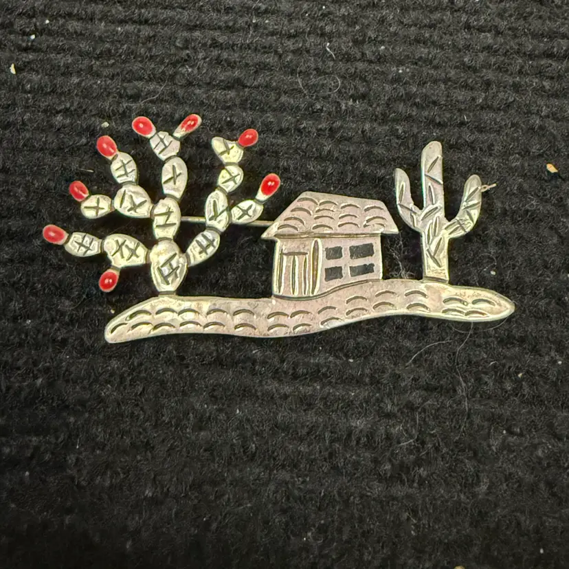 Vintage TAXCO STERLING 925 Mexico Adobe House & Cactus Brooch 15.72 Grams