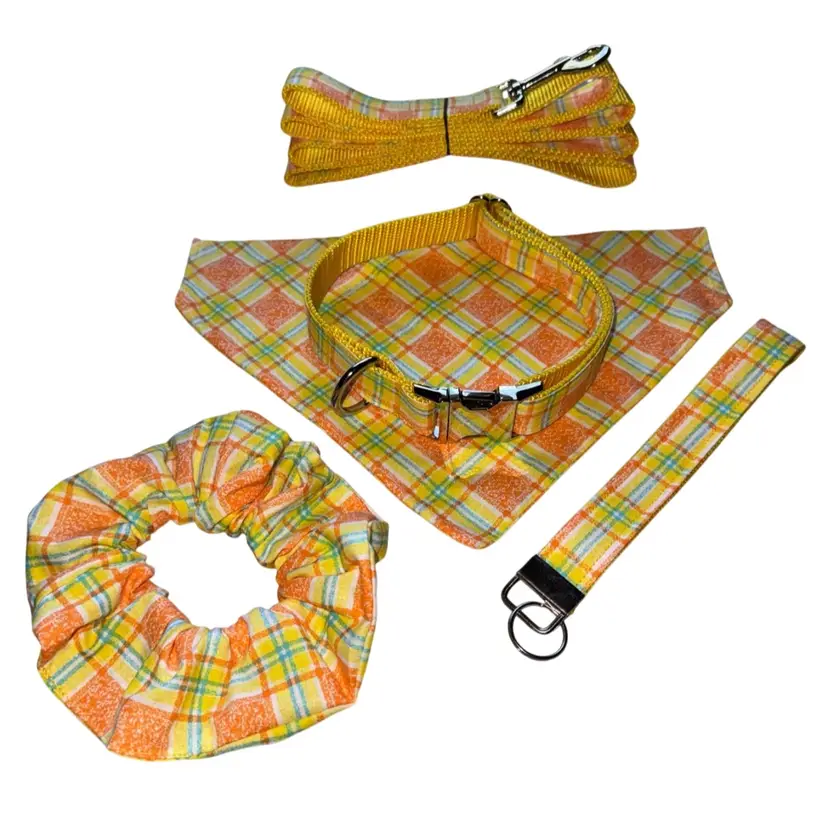 Dog Collar Leash & Bandana Set w/matching Scrunchie & Keychain Large Handmade Vintage Orange & Yellow Plaid Pattern Size Large Handmade