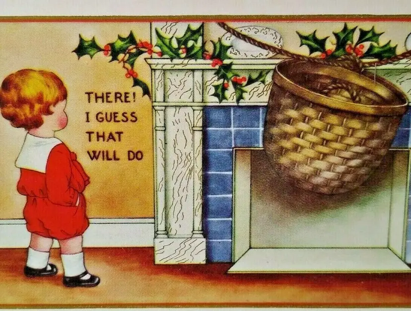 Christmas Postcard Whitney Child Basket Hanging Over Fireplace Vintage Original