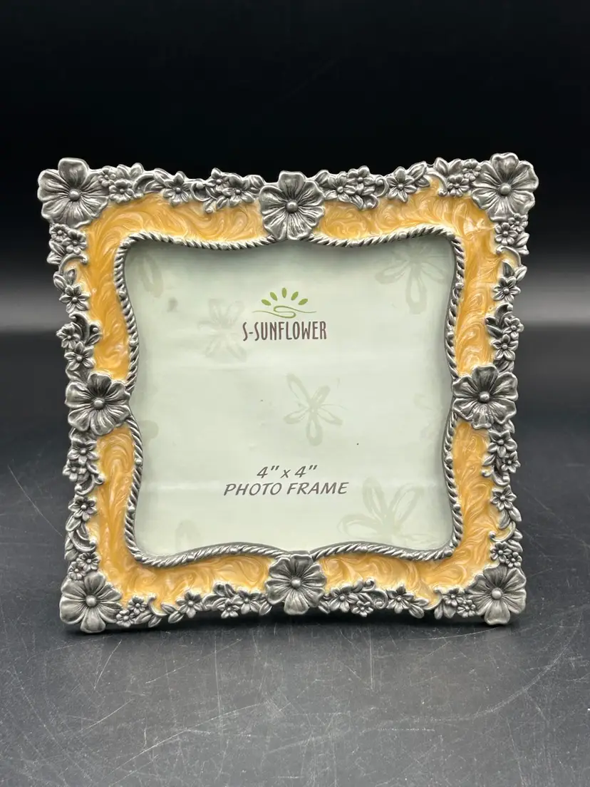 Sunflower Brand Yellow/Gold Enamel And Metal 4 X 4, Photo Frame, Floral And Rope Design