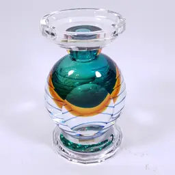 FIFTH AVENUE CRYSTAL Turquoise Orange Sommerso Faceted PILLAR CANDLE HOLDER