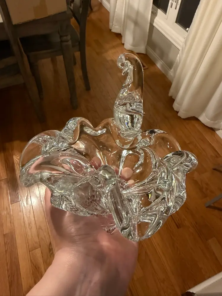 Vintage MCM Murano-style Blown Art Clear Glass Candy Dish Bowl With Bird 7" T Heavy