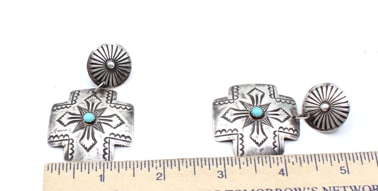 Vintage Native sterling silver turquoise cross pierced dangle earrings 15.7g