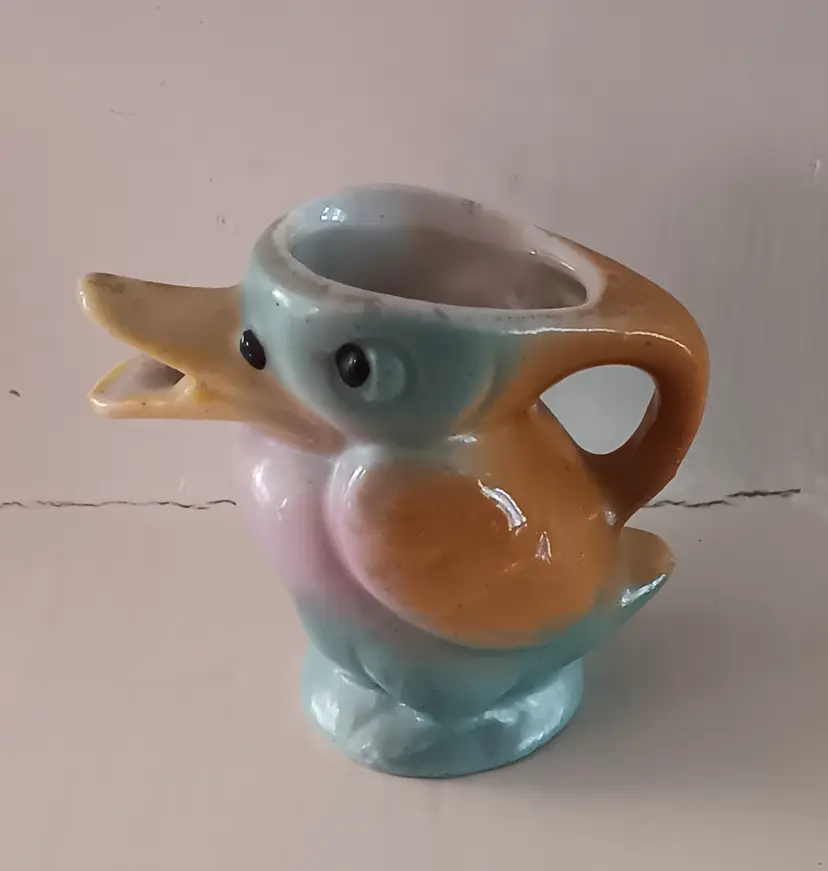 Vintage German Duck/Bird Personal Creamer 2" Orange Teal Lilac