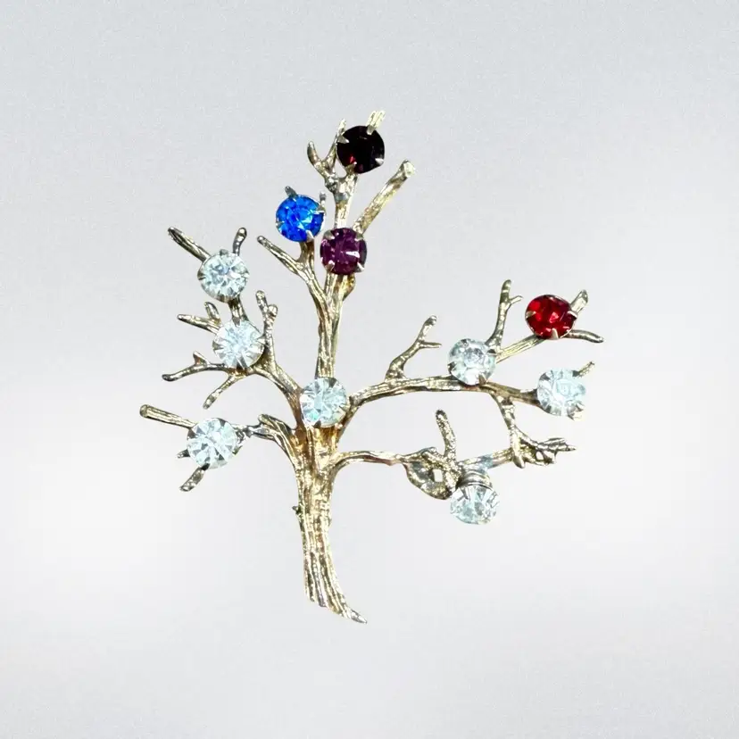 Vintage Tree Of Life Brooch | Gold Vermeil Over Sterling | Multicolor Crystals