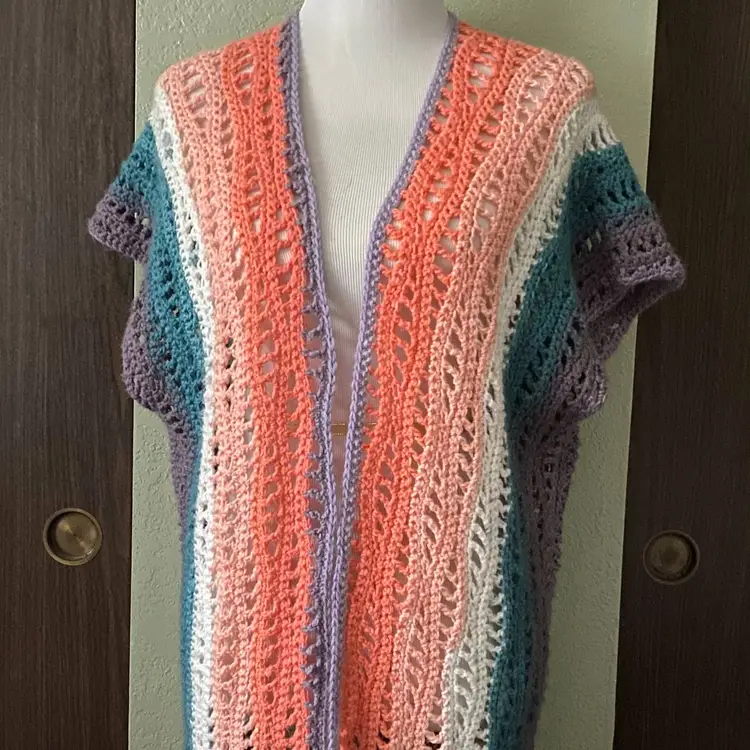 Crochet Lace Coral Purple Teal Cream Stripe Kimono Vest Size Large