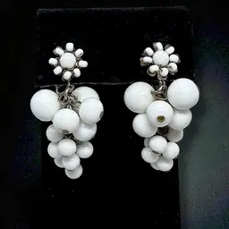 Early MIRIAM HASKELL Signed Milk Glass Dangle Cluster Screw Clip On Earrings