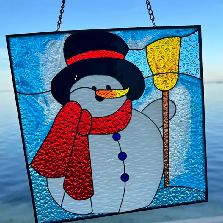 Stained Glass & Painted - Snowman Sun Cather- By Evergreen- Some Wear On White As Shown- 8” Square