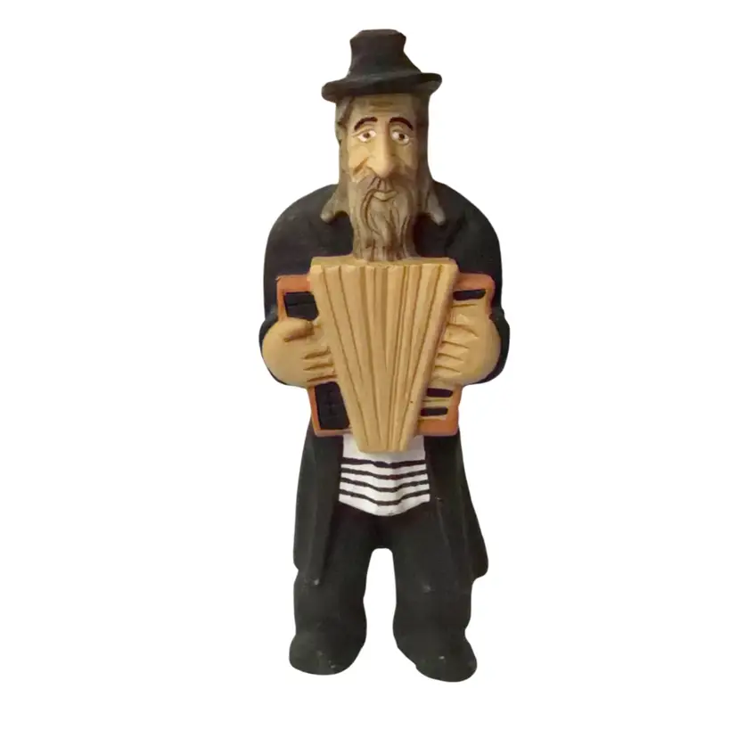 Wooden Sculpture of a Jewish Man With an Art Deco Accordian