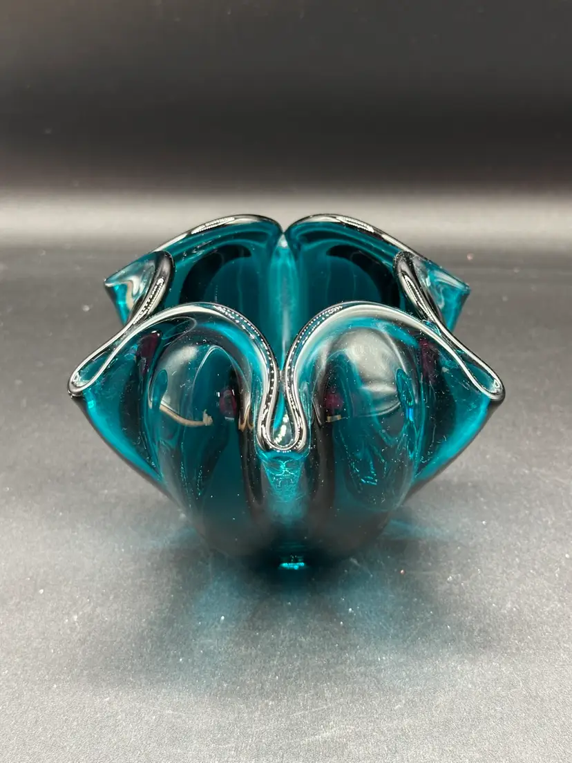 Vintage Teal Art Glass Bowl With Petal Design