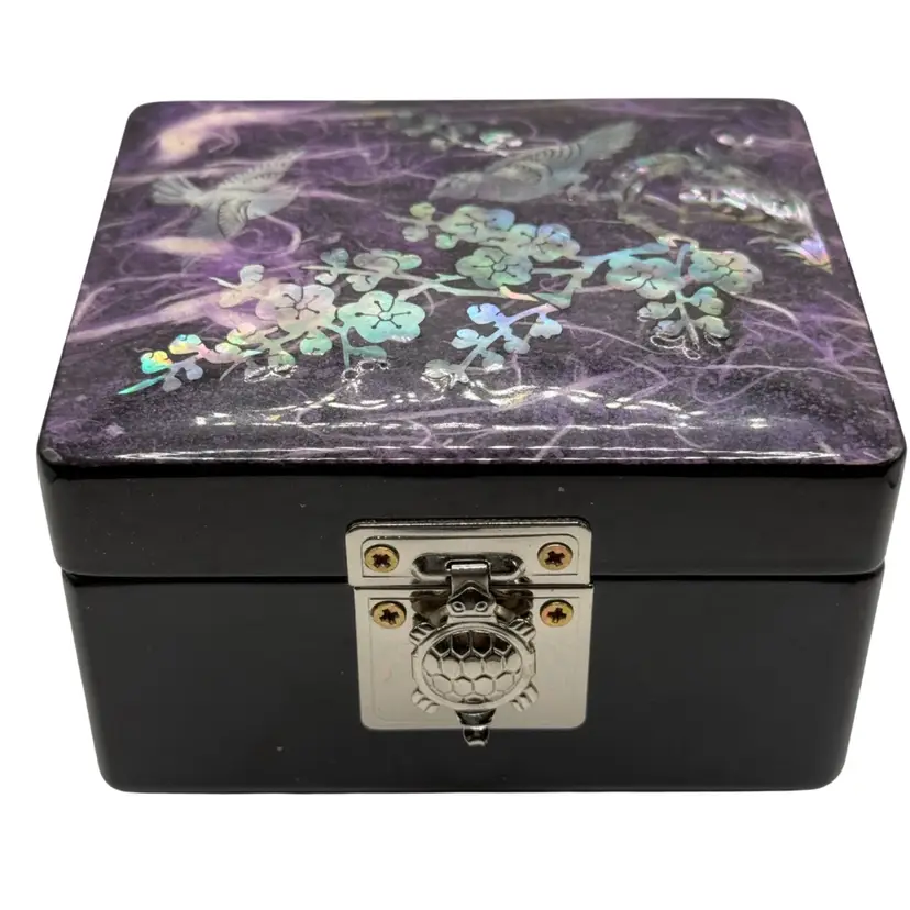 Vintage Jewelry Box Lacquer Abalone Inlaid Flowers And Birds Silver Tone Turtle Closure