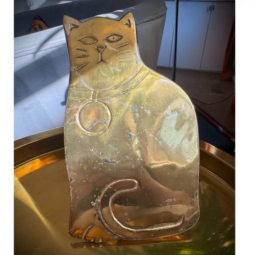 Vintage Mid Century Brass Cat Shaped Footed Trivet 8”