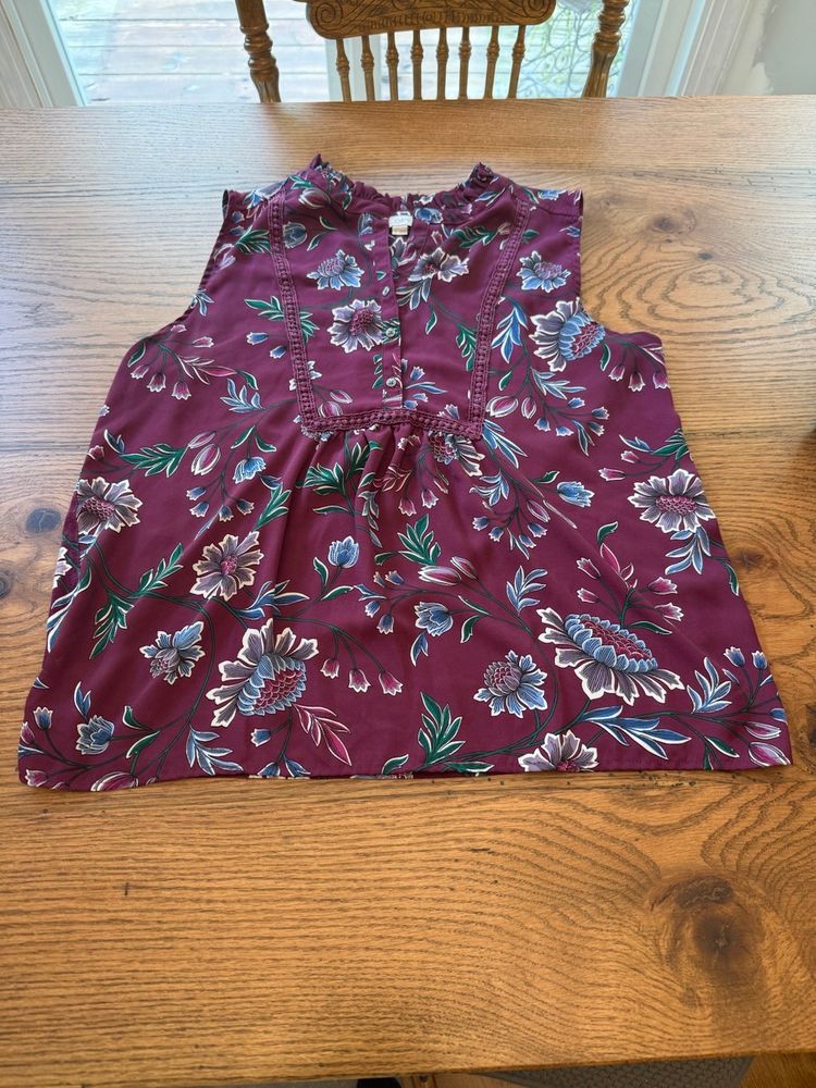 LOFT Plum Color Tie Front Blouse with Mandarin Collar Size Medium