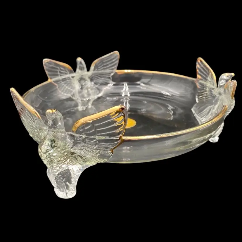 Vintage 1940s Jeannette Glass 3 Eagles Footed Bowl, 22K Gold, w/Sticker and original Box