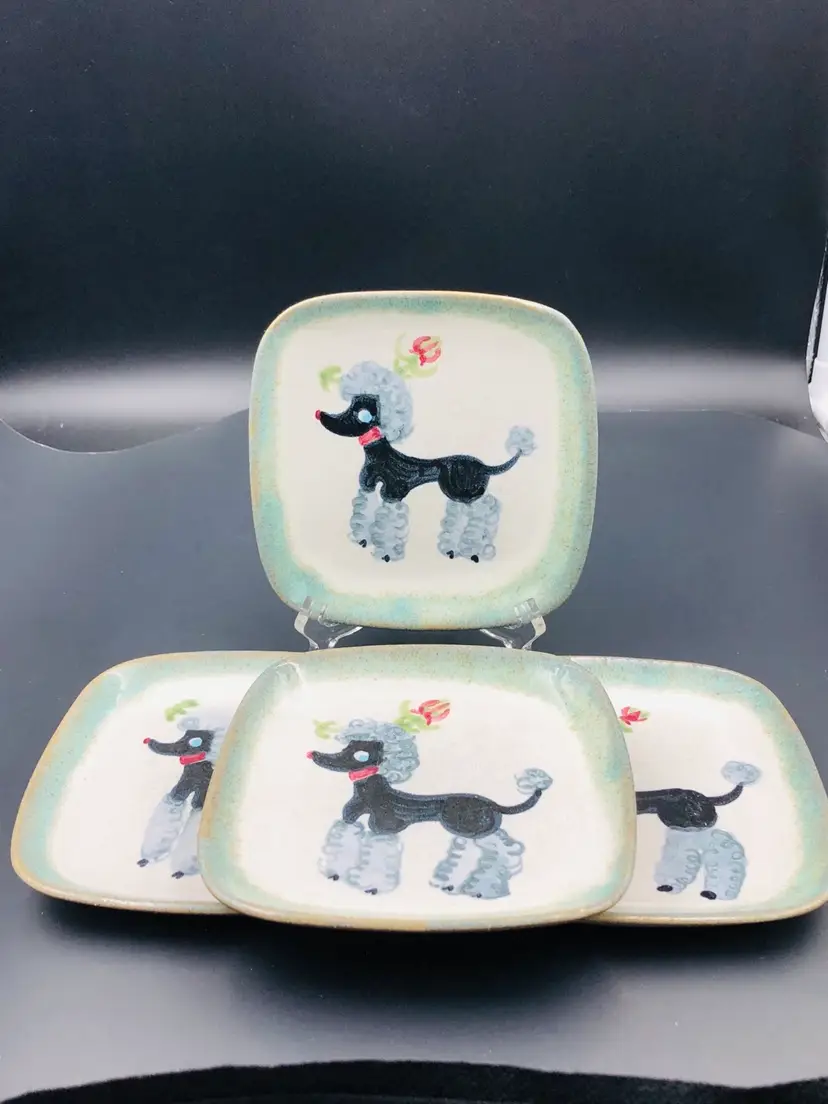4 Glidden Pottery Poodle Trinket/Saucer Plates