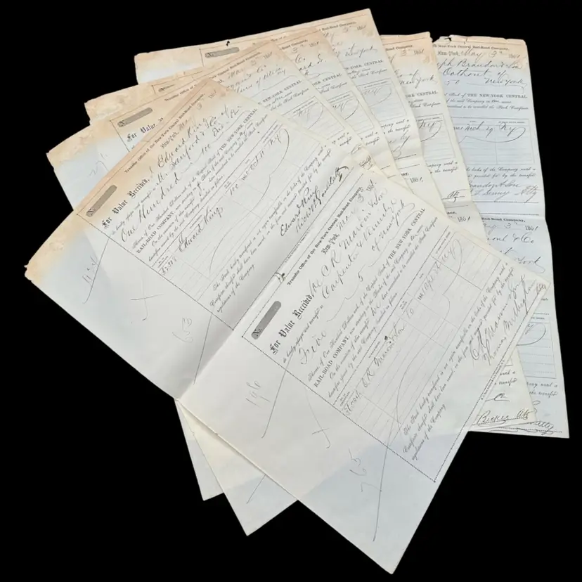 Antique 1861 New York Central Railroad Stock Certificates, 6 Pieces