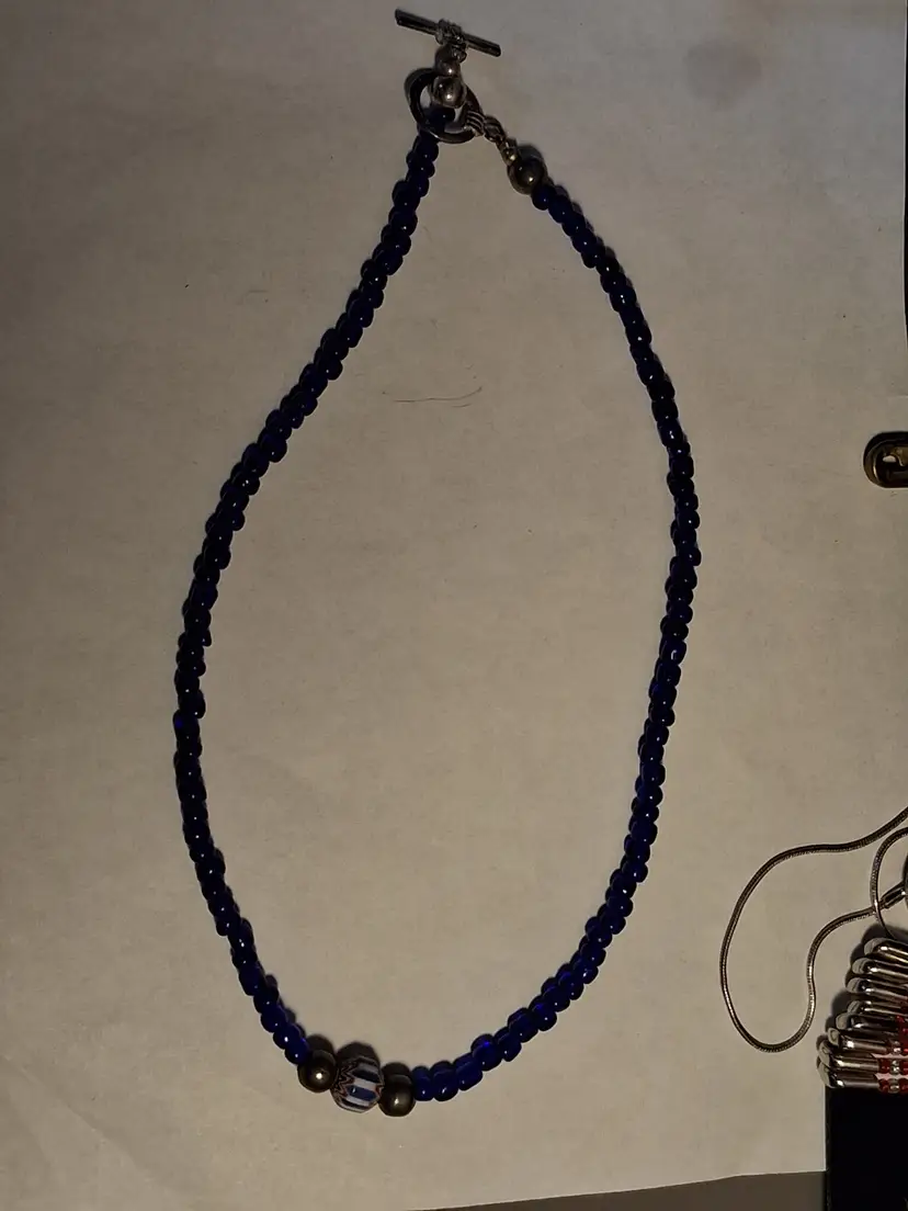 Glass Necklace Red, White, Blue Bead and Blue Glass Beads