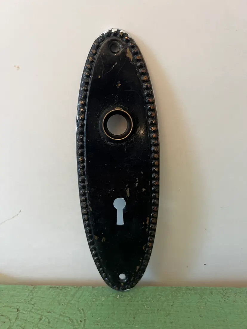 Antique 2 1/4" x 7 3/8" Oval Beaded Steel Door Knob Plate. Princess Design