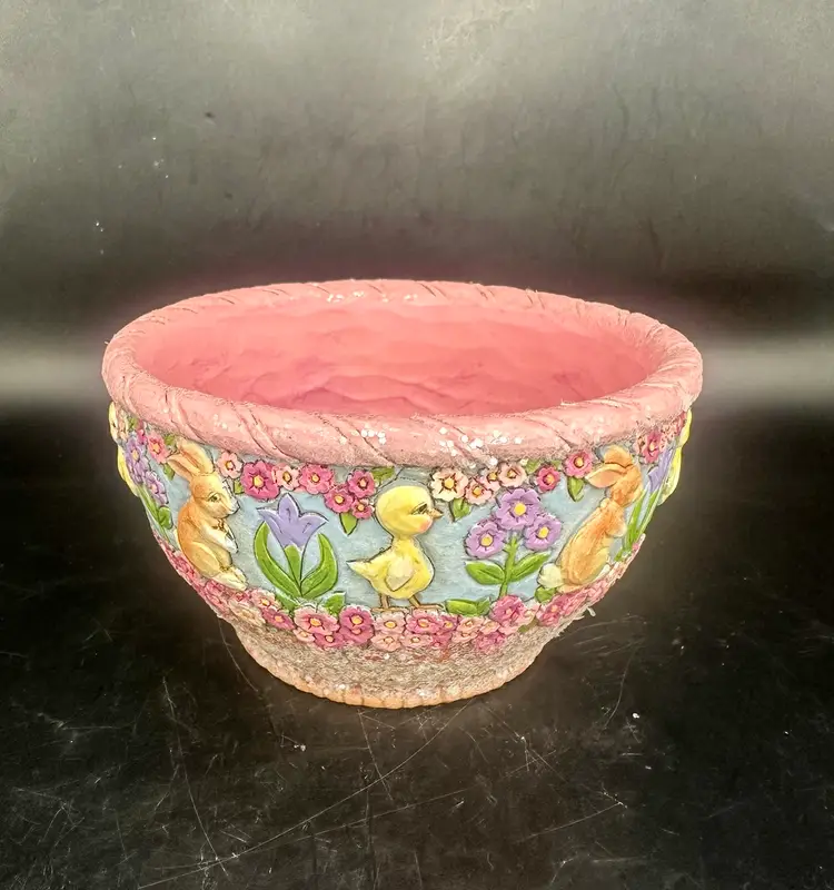 Jim Shore 2015 HELLO SPRING Pink Bunny & Chick 5.25" Bowl 4051410 Easter