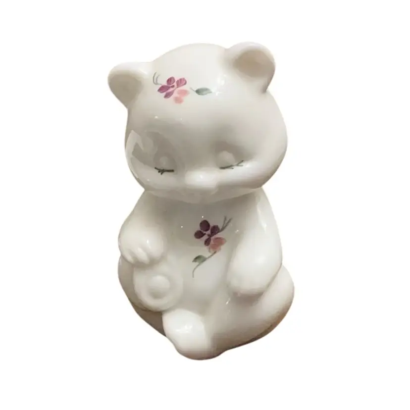 Fenton HP Violets On Milk Glass Sitting Bear 3 1/2” X 2 1/4”