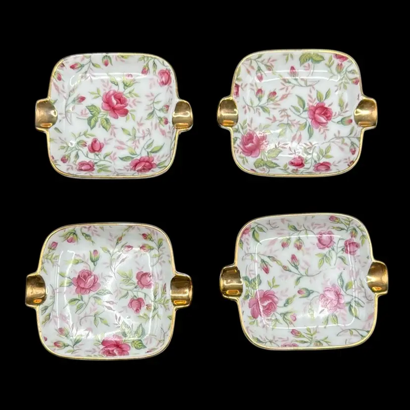 Vintage Lefton China “Rose Chintz” Pattern Ashtrays Set Of 4 Hand Painted 3”