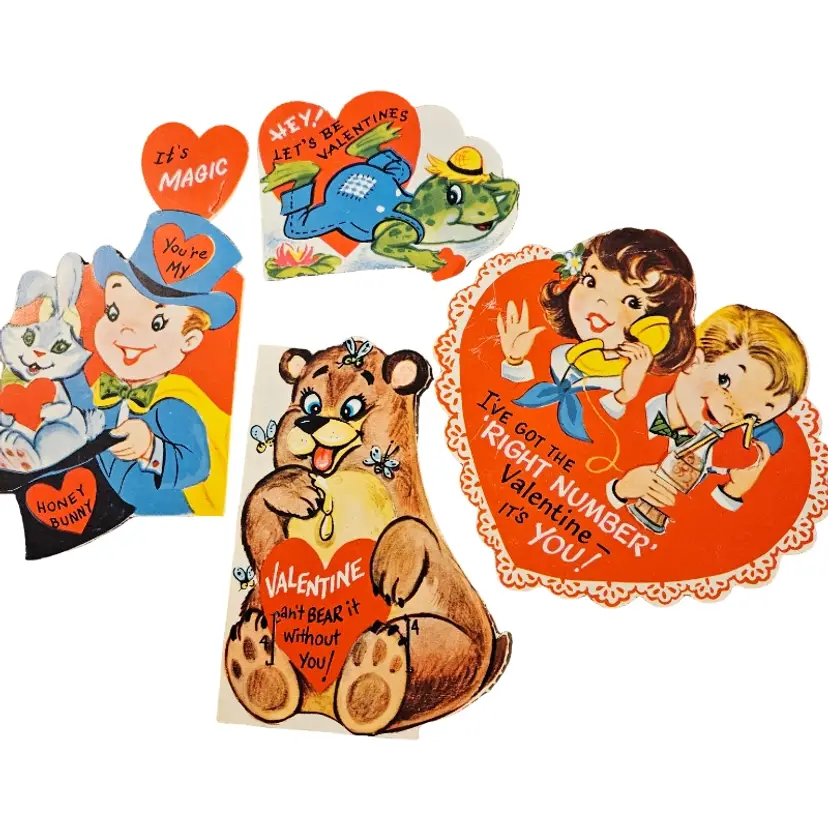 vintage Valentine's Day die-cut cards, likely from the 1930s to 1960s