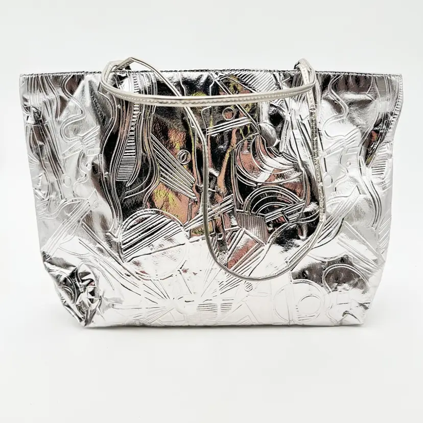 Vintage Silver Metallic Handbag Purse Satchel Unbranded 15 X 11” B25