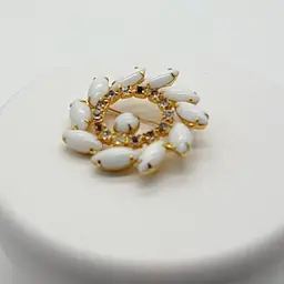 Vintage Milkglass and Rhinestone Pinwheel Brooch pin gold tone white glass navette marquis circle