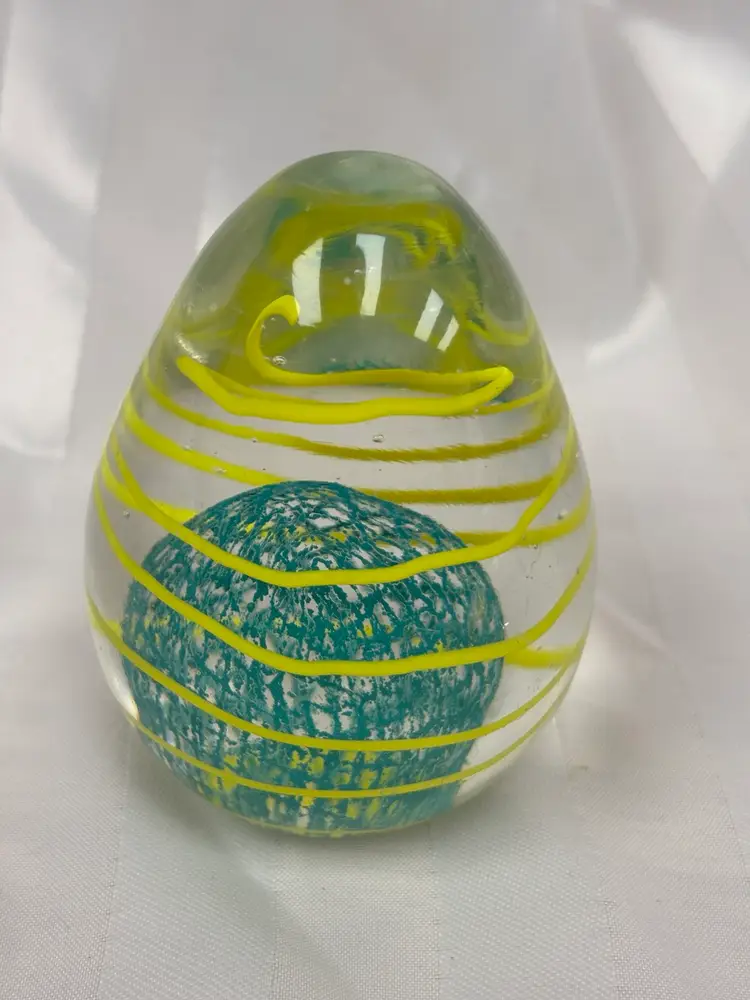 Vintage Art Glass Paperweight Clear w/Yellow Stripes and Green Latticino