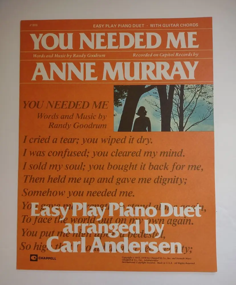 You Needed Me Anne Murray Randy Goodrum Sheet Music 1978 Easy Play Piano Duet