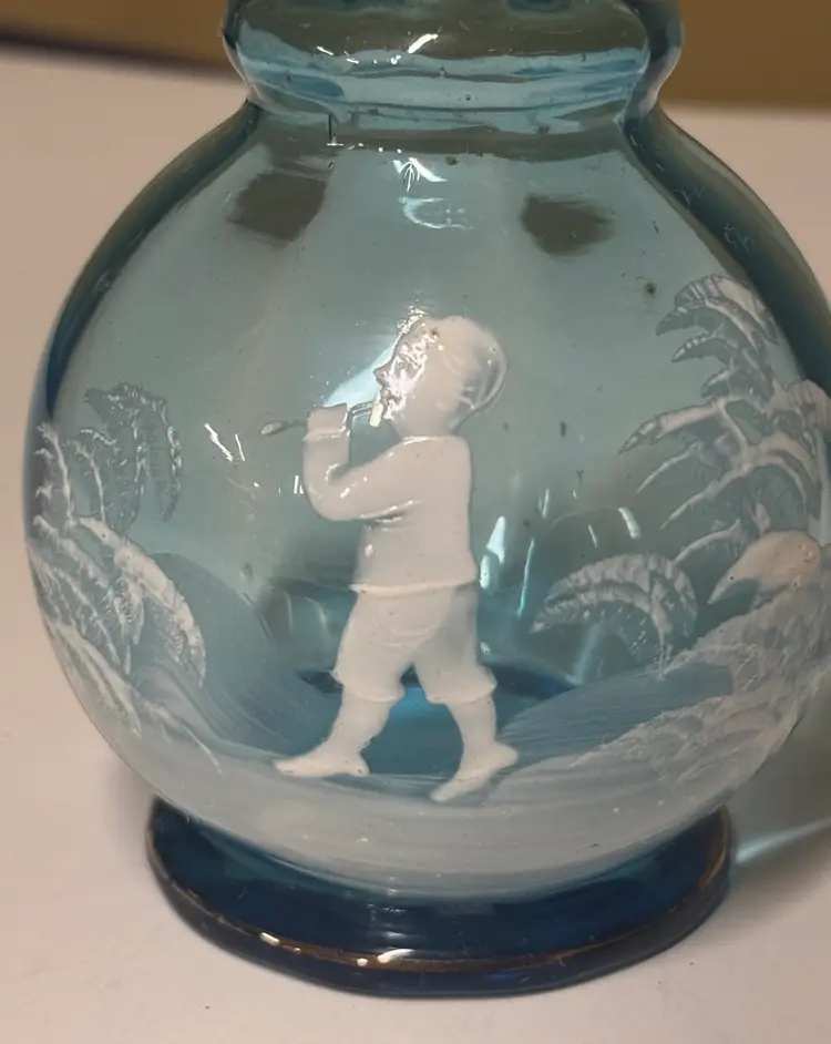 Mary Gregory Blue Glass Hand Painted Victorian Boy Perfume Bottle 4.5” tall